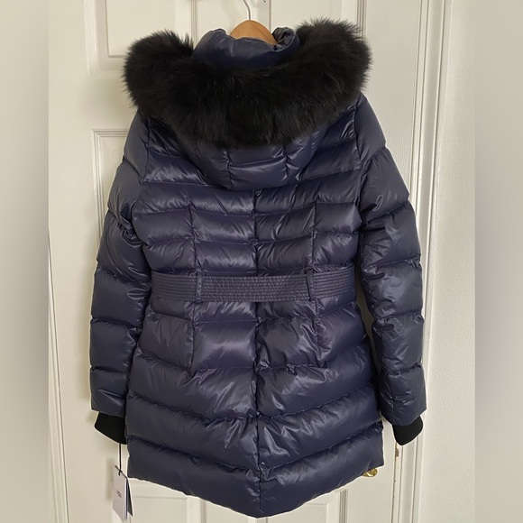 NWT UGG Valerie Navy belted down hooded parka sheep fur collar women’s size M - Picture 14 of 16